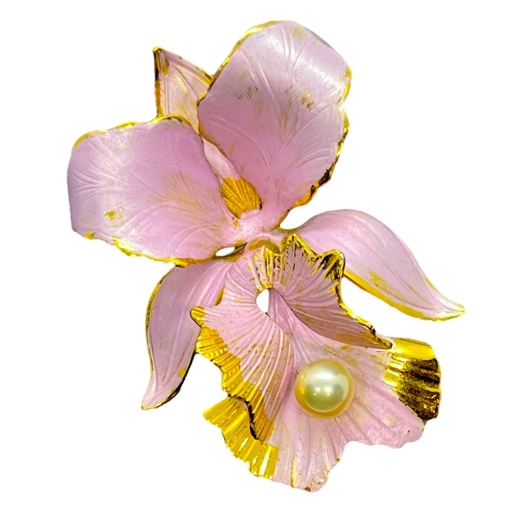 Cerrito Original 1982 Pink Purple Orchid Brooch Pin Gold Tone Paid Pearl Flower